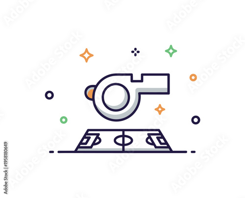 Referee whistle badge showing a simple whistle centered above a subtle sports field line with tiny sparkle accents. Clear symbolic icon of sports regulation,