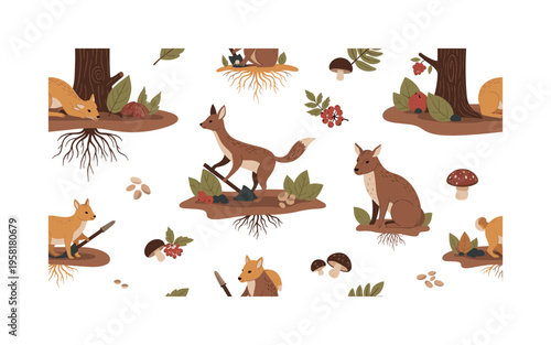 forest ground food search seamless pattern, woodland animals digging for roots berries mushrooms and seeds arranged in a repeating pattern, white background