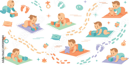 Baby Playtime Path Vector Illustration with Crawling Infants Toys Blocks Footprints and Development Journey Concept for Childcare Design.