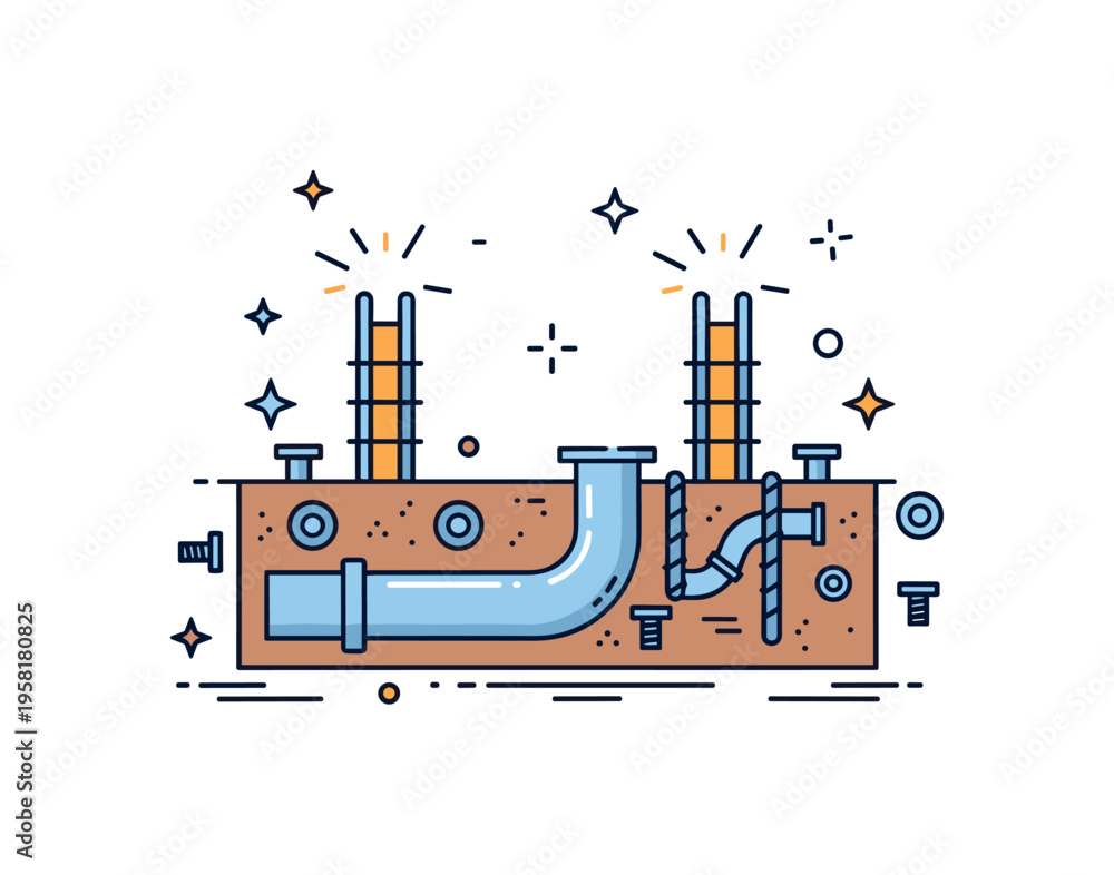 Obraz premium Foundation foundation slab with embedded pipes and reinforcements representing integrated construction, planning, and structural integrity. Decorative spark