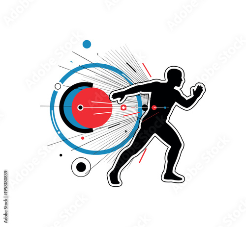 human figure practicing evasive movement abstract circles lines and geometric shapes representing proactive self-defense black and white retro silhouette with