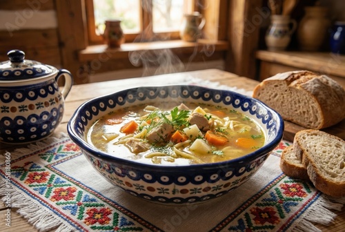 Hearty Steaming Bowl of Homemade Chicken Vegetable Soup with Fresh Crusty Bread in a Polish pottery Boleslawiec bowl in Rustic Country Kitchen Setting
