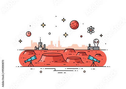 Martian landscape with craters, red dust, and distant alien structures representing extraterrestrial terrain, exploration, and discovery. Decorative stars and