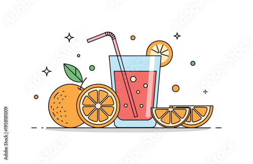 Fresh fruit juice scene featuring a glass filled with vibrant juice while whole citrus fruits and slices sit nearby. The composition conveys natural freshness,