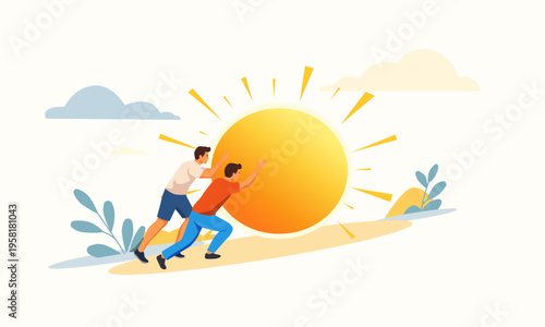 Concept illustration of teamwork and effort. People pushing sun forward symbolizing energy, progress, motivation and achieving goals. Metaphor of collaboration and forward movement.