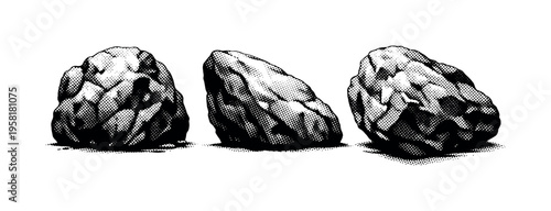 Rocky seabed boulder, large irregular seabed boulder with rough surface texture shown from front view, side view, and angled perspective with realistic mass.