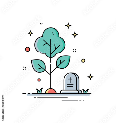 Legacy and remembrance symbolic tree growing beside a small memorial stone representing life continuing through memory and legacy. The scene conveys reflection