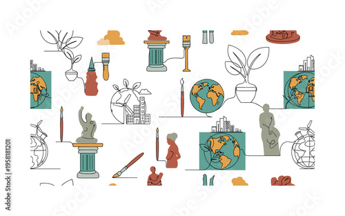 art workshop miniatures seamless pattern, miniature sculptures, clay figures, pedestals, carving tools, paintbrushes and small art supplies arranged in a