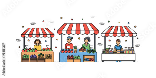 Street outdoor market scene with vendors displaying fruits, vegetables, and handmade goods, tiny decorative motion lines and stars suggesting vibrant, lively