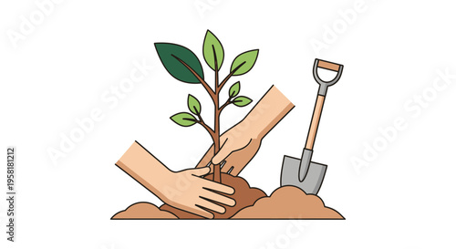 Hands Planting Seedling Tree Shovel Concept Reforestation Environmental Growth New Life Two