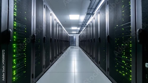 A data center hallway showcases rows of servers with green lights, a door at the end