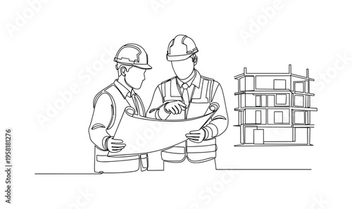 Inspectors Reviewing Blueprint. Minimalistic one-line drawing two building inspectors studying construction blueprints at a building site, continuous single