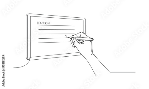 Interactive Caption Board. Minimalistic one-line drawing hand adding notes or arrows on a board with caption writing guidance, continuous single black line on
