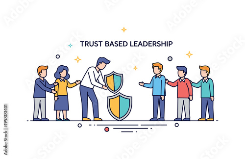 Trust based leadership represented by a leader figure lowering a small shield while team members stand nearby with supportive gestures. The scene communicates
