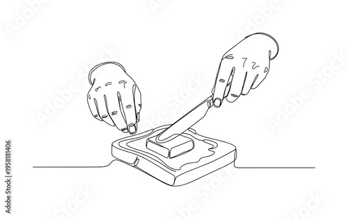 Spreading Breakfast Spread. Minimalistic one-line drawing hand smoothing butter on warm toast with knife, continuous single black line on white background,