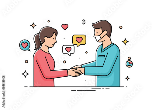 Compassionate caregiving moment supportive caregiver holding the hand of someone in need while small heart icons emphasize emotional care and trust. The