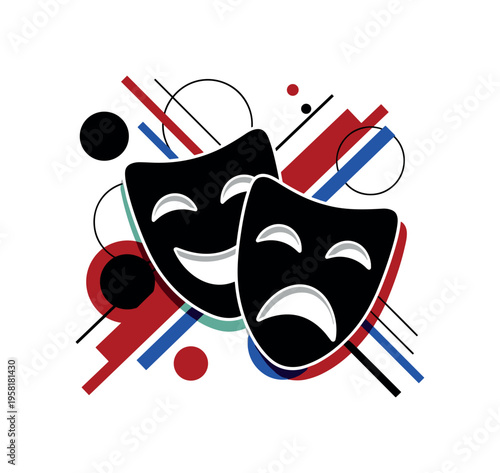 black and white two theatrical masks overlapping representing spontaneous character switching in improv, white outline cut-out effect, geometric circles and