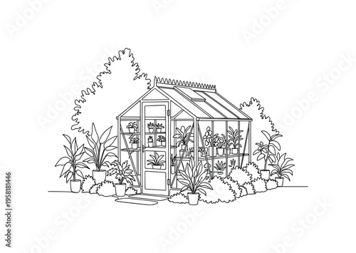 garden greenhouse motifs seamless pattern, glass structures, plants in pots, seedling trays, watering cans and gardening equipment arranged in a repeating
