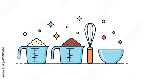 Measuring baking ingredients set of measuring cups filled with flour and cocoa placed beside a whisk and small bowl while star accents suggest baking