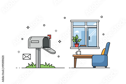 Front yard mailbox refresh featuring a clean modern mailbox beside a small patch of grass and a tiny envelope icon suggesting friendly neighborhood