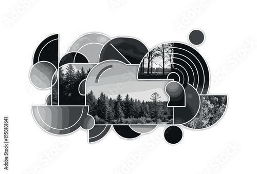 reforestation project, geometric semicircles circles and abstract shapes illustrating regeneration and hope, black and white retro realistic scene layered with