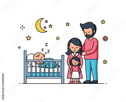 Quiet nursery night baby peacefully asleep in a crib while parents gently stand nearby with small star icons suggesting calm and protective presence. The scene