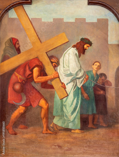 Fotografie Sebechleby -  The painting Simon of Cyrene helps Jesus carry the cross  as part of Cross way stations in St