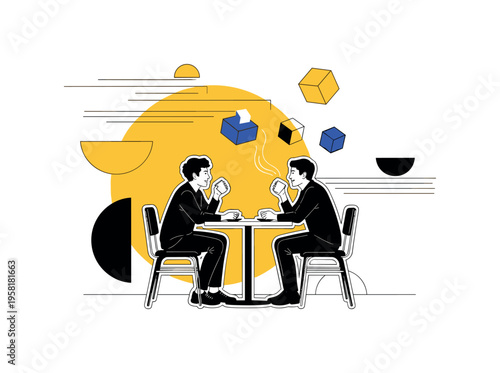 two friends drinking coffee and talking across a small table, black and white cut-out scene with white outline effect, large yellow circle behind the table
