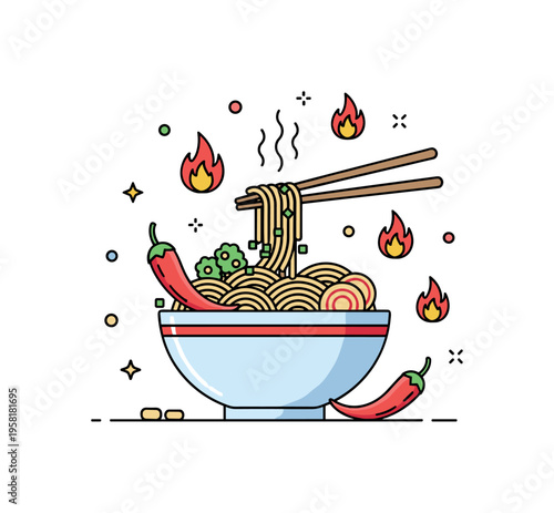 Spicy ramen bowl steaming bowl of ramen with chili peppers, noodles swirling around chopsticks and small flame icons hinting at intense heat. The scene