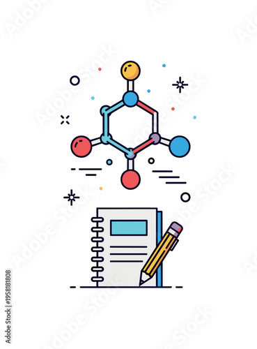 Organic chemistry molecule stylized carbon based molecule structure floating above a simple lab notebook and pencil icon. The composition suggests scientific