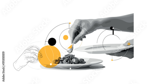 human hand garnishing dish with geometric highlights abstract circles lines and geometric shapes representing creative food presentation black and white retro