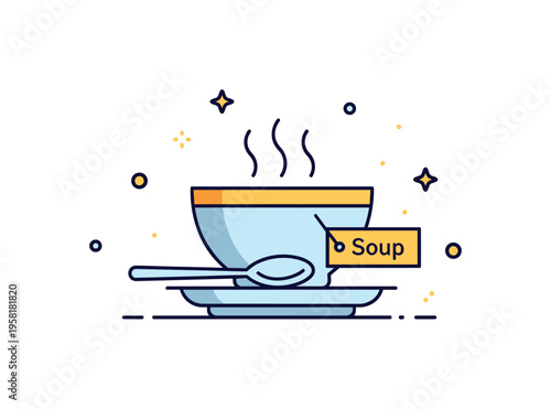 Soup course presentation centered on a steaming bowl placed on a small plate with a spoon and a tiny label reading ?Soup?. The scene reflects the comforting