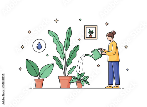 Indoor plant care moment where a person waters a tall houseplant while a small droplet icon and healthy leaves symbolize nurturing indoor greenery. The