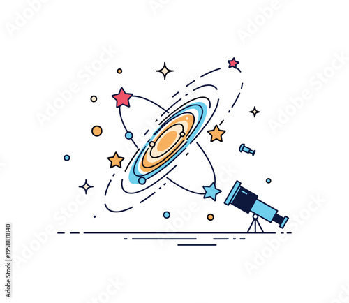 Milky Way science concept centered on a stylized galaxy with orbiting star icons and a small telescope silhouette nearby. Clean cosmic illustration symbolizing