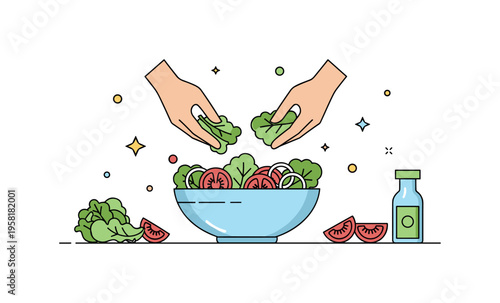 Home cooking salad preparation centered on a bowl of fresh vegetables while hands gently arrange lettuce leaves and tomato slices. Clean lifestyle scene