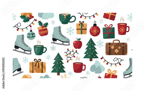 holiday travel and winter activities seamless pattern, repeating pattern, surface design, textile print, modern illustration of ice skating, hot drinks,