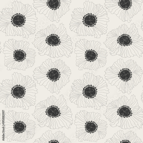 Seamless pattern with outline abstract flowers. Graphic design with hand-drawn lines. Modern art for posters, social media, fabrics, covers, textiles, and wrapping paper. Vector illustration in a fash