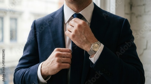 Handsome corporate businessman person adjusting fixing necktie knot wearing elegant suit white shirt for formal menswear fashion style and morning preparation professional confidence success
