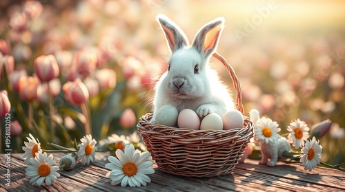 Adorable Easter Bunny Holding Basket of Pastel Eggs