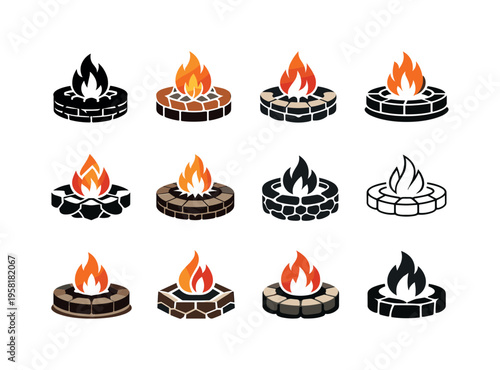 Installing an outdoor fire pit. Icon set. Set Logo of Installing an outdoor fire pit: flame. harmonious logo variations of the same emblematic concept, each