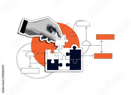 conceptual playful learning scene with a black and white hand placing a puzzle piece into a geometric structure, white cut-out outline effect around the hand