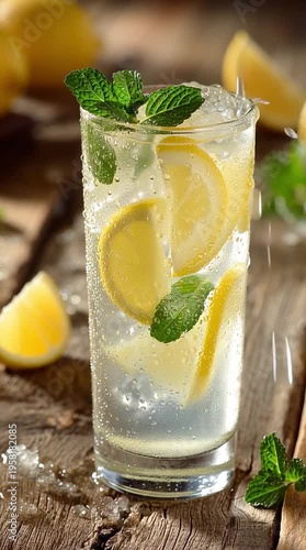 Cold Lemonade with Mint and Ice on Rustic Wooden Table in Natural Sunlight