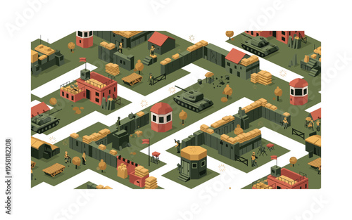 secured military installation seamless pattern, fortified compound with guard posts, sandbags, defensive walls, tanks and soldiers arranged in a repeating