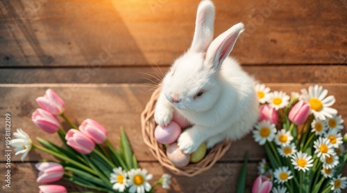 Adorable Easter Bunny Holding Basket of Pastel Eggs