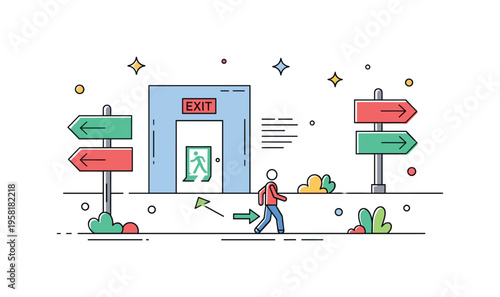 Emergency evacuation path corridor with clear arrow signs leading toward a marked exit door while a small figure follows the indicated route. The composition