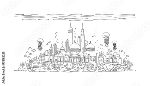 Aquatic Urban Landscape. Minimalistic one-line drawing underwater city skyline with domes, towers, and visible marine life, continuous single black line on