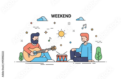 Weekend acoustic gathering friends sitting outdoors with guitar and small drum while a tiny sun and musical notes decorate the relaxed scene. Lighthearted