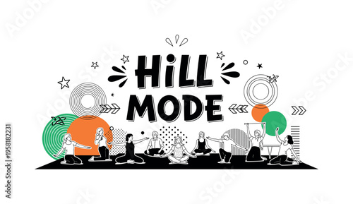 group performing synchronized yoga abstract circles lines and geometric shapes representing harmony in intergenerational sessions black and white retro human