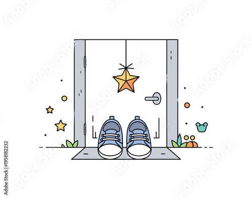 First steps ahead represented by tiny baby shoes waiting patiently on a doorstep under a small hanging star decoration. Soft hopeful mood suggesting the