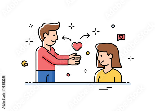 Trust and emotional openness person offering a small heart toward another figure representing connection, empathy and emotional investment. Small decorative